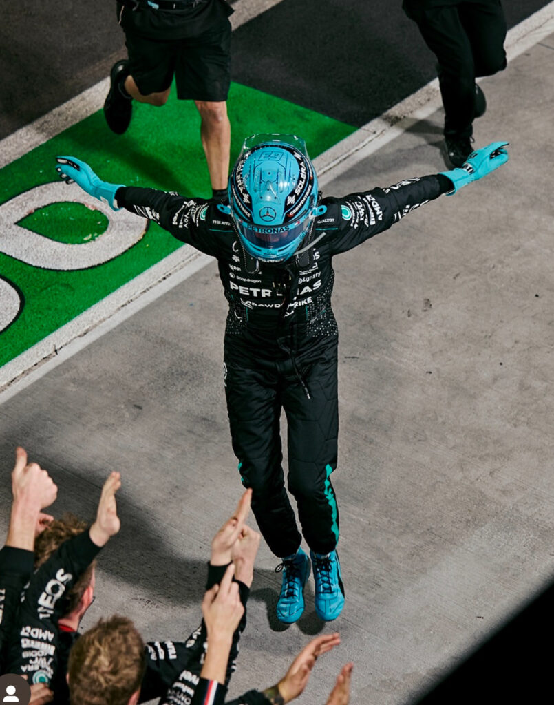 George Russel celebratory dance after F1 race