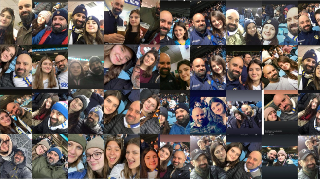 Collage of Leeds United fan with her Dad at Elland Road