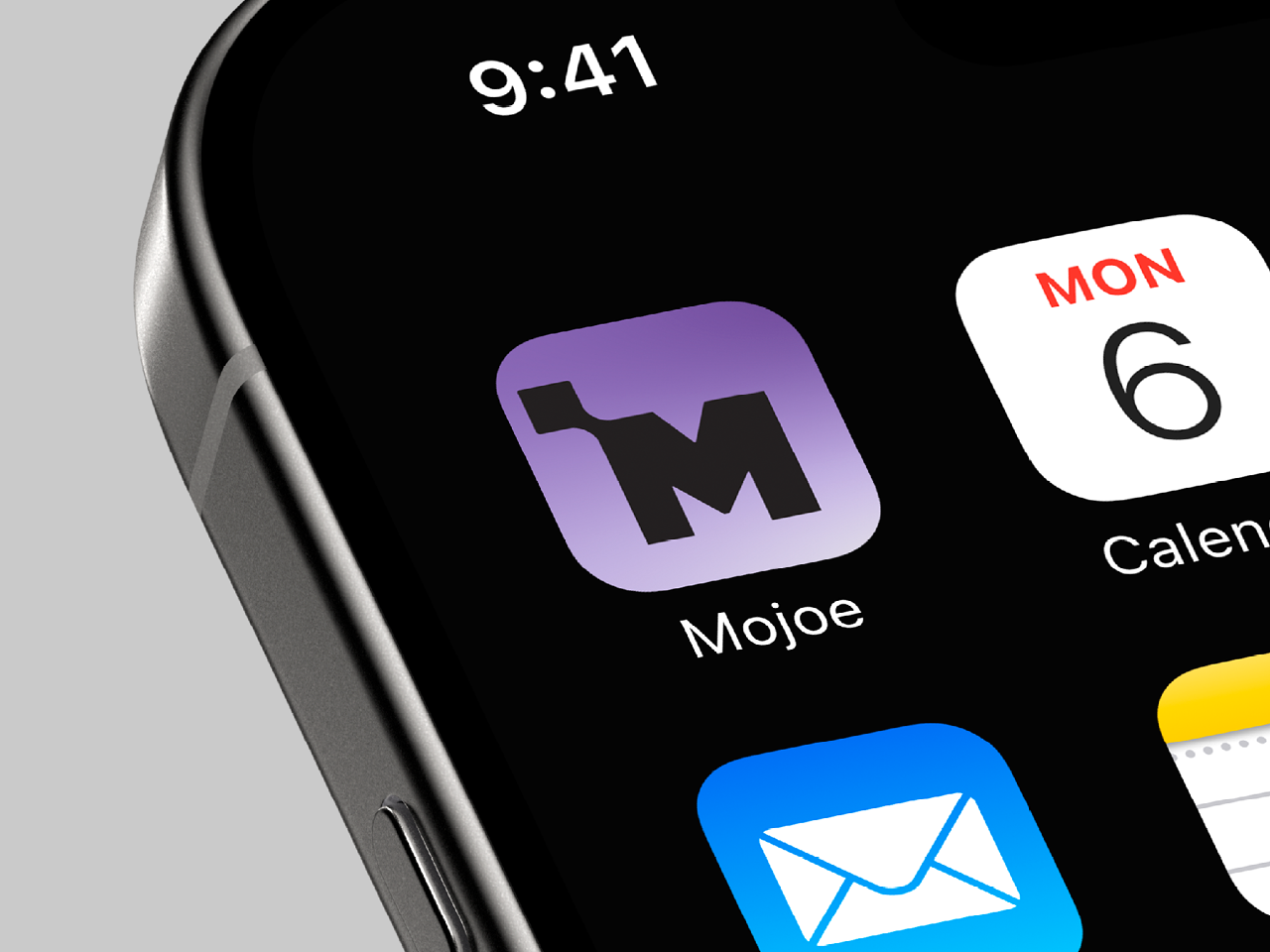 AI generated image of how the Mojoe app will look, the logo is a purple background with a black M logo.