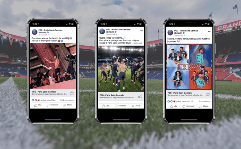 Three phones with PSG's social accounts on from sports marketing firm WePlay