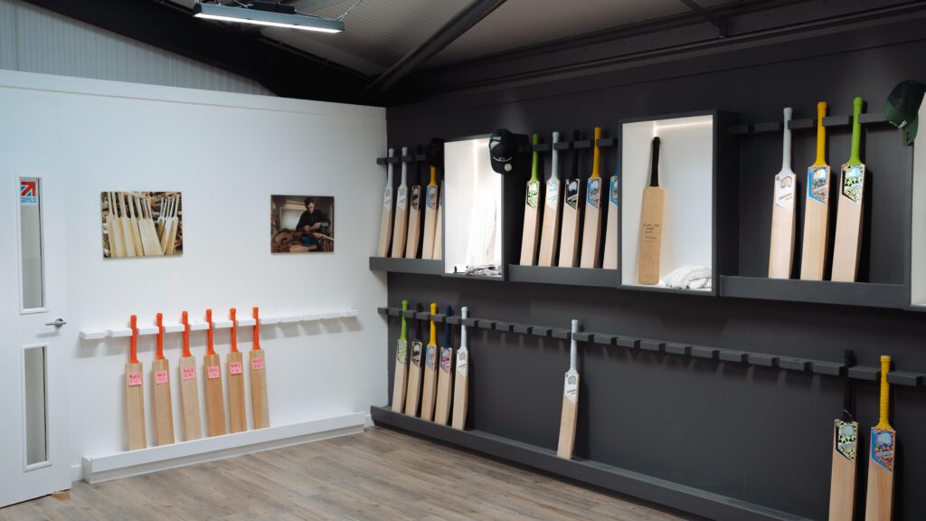 Picture shows the showroom of Wombat cricket with their hand-made cricket bats